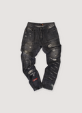 Undercover But Beautiful II 60 Denim Jeans Black (Pre-Owned) distressed throughout with sashiko repair, patch details, button and zipper closure, front view Undercover But Beautiful II 60 Denim Black (Pre-Owned) - Image 1 | Authenticated at Pieces Los Angeles