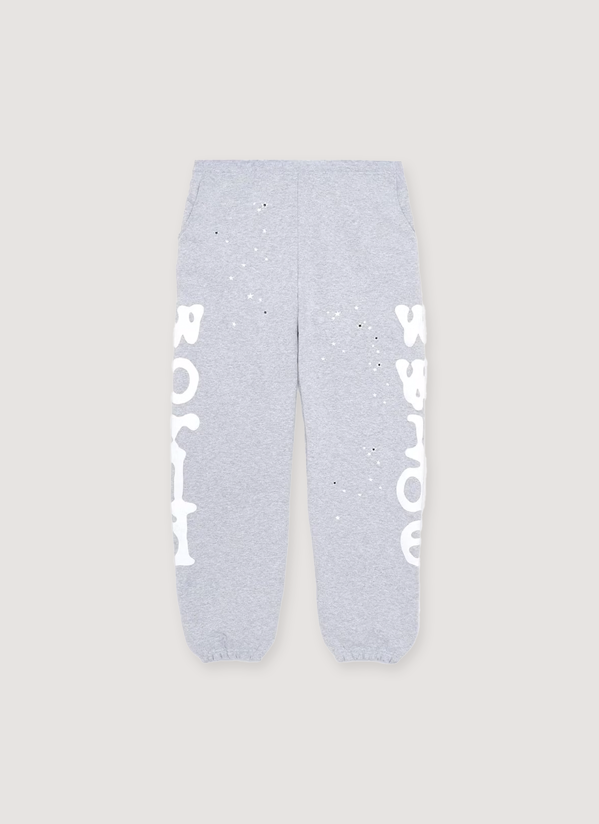 Sp5der Worldwide Beluga Sweatpants Heather Grey with white graphic text on the legs, and small white and black stars all over, front view
