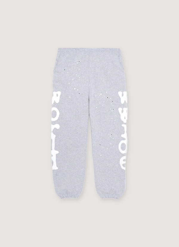 Sp5der Worldwide Beluga Sweatpants Heather Grey with white graphic text on the legs, and small white and black stars all over, front view Beluga Sweatpants Heather Grey - Authenticated Sweatpants | Pieces Los Angeles