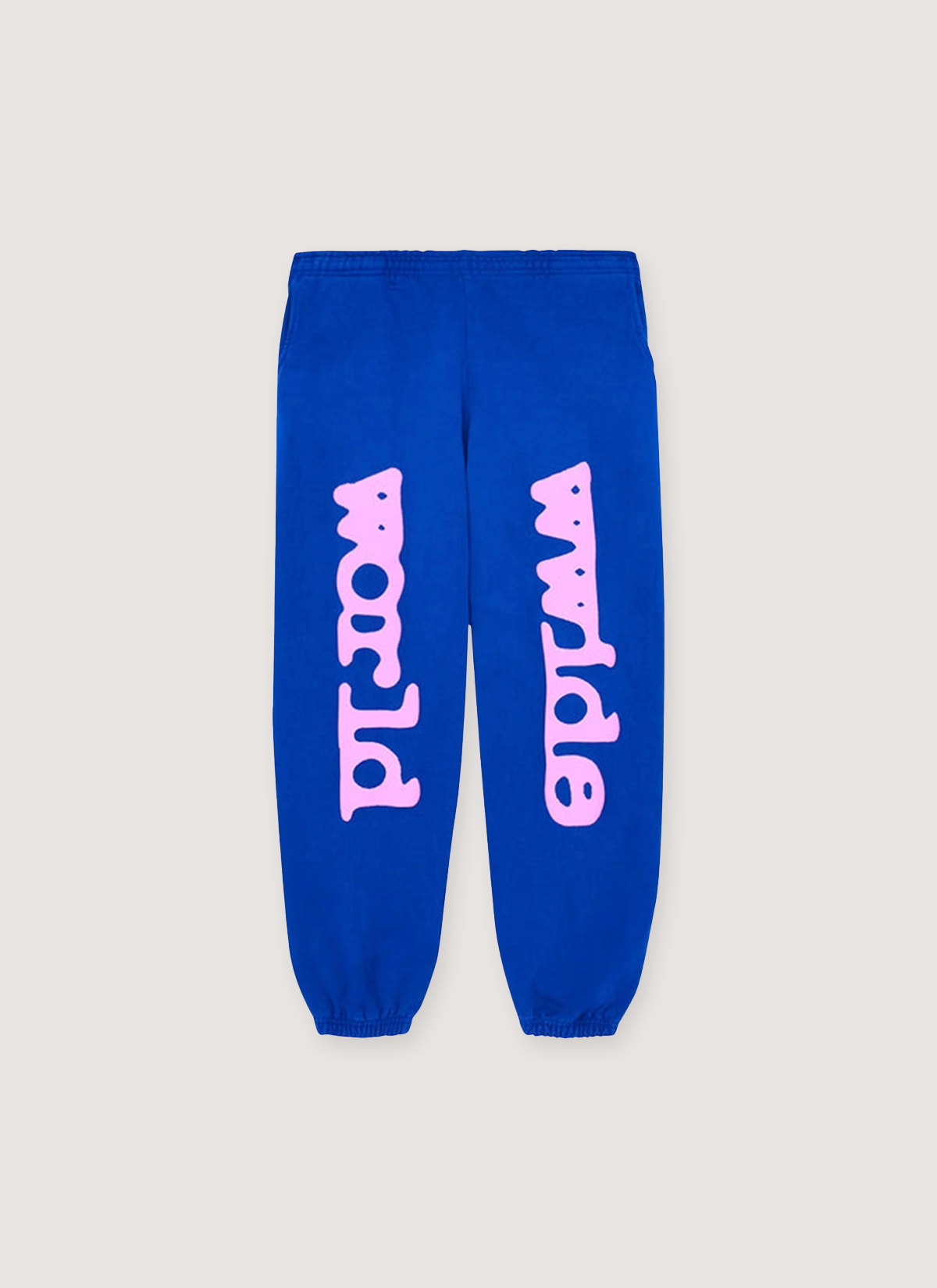 Sp5der Worldwide Beluga Blue Sweatpants with Pink Graphic text on the legs, front view