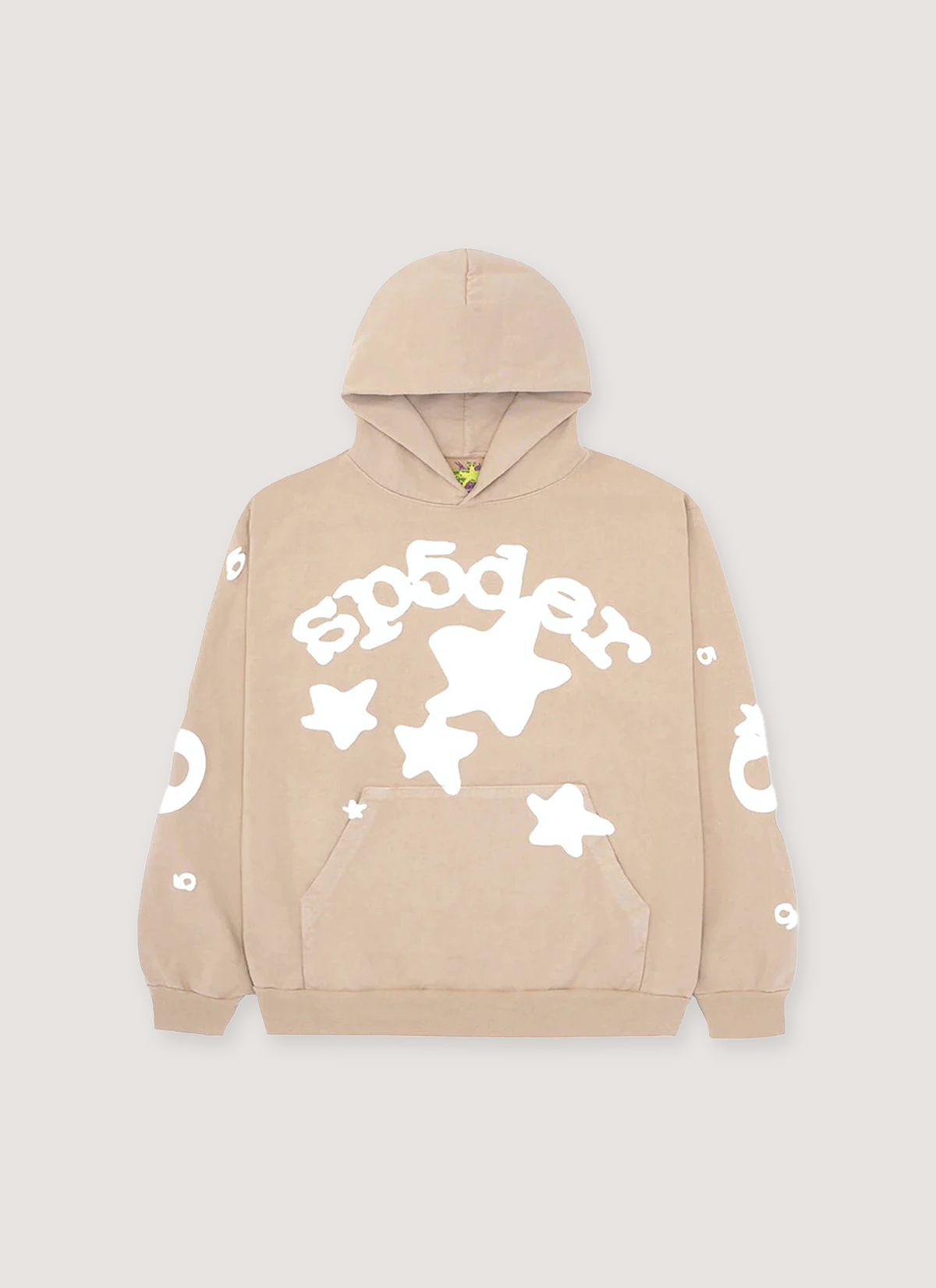 Sp5der Worldwide Beluga Sweatshirt Sand Khaki hoodie with white stars and text, front view