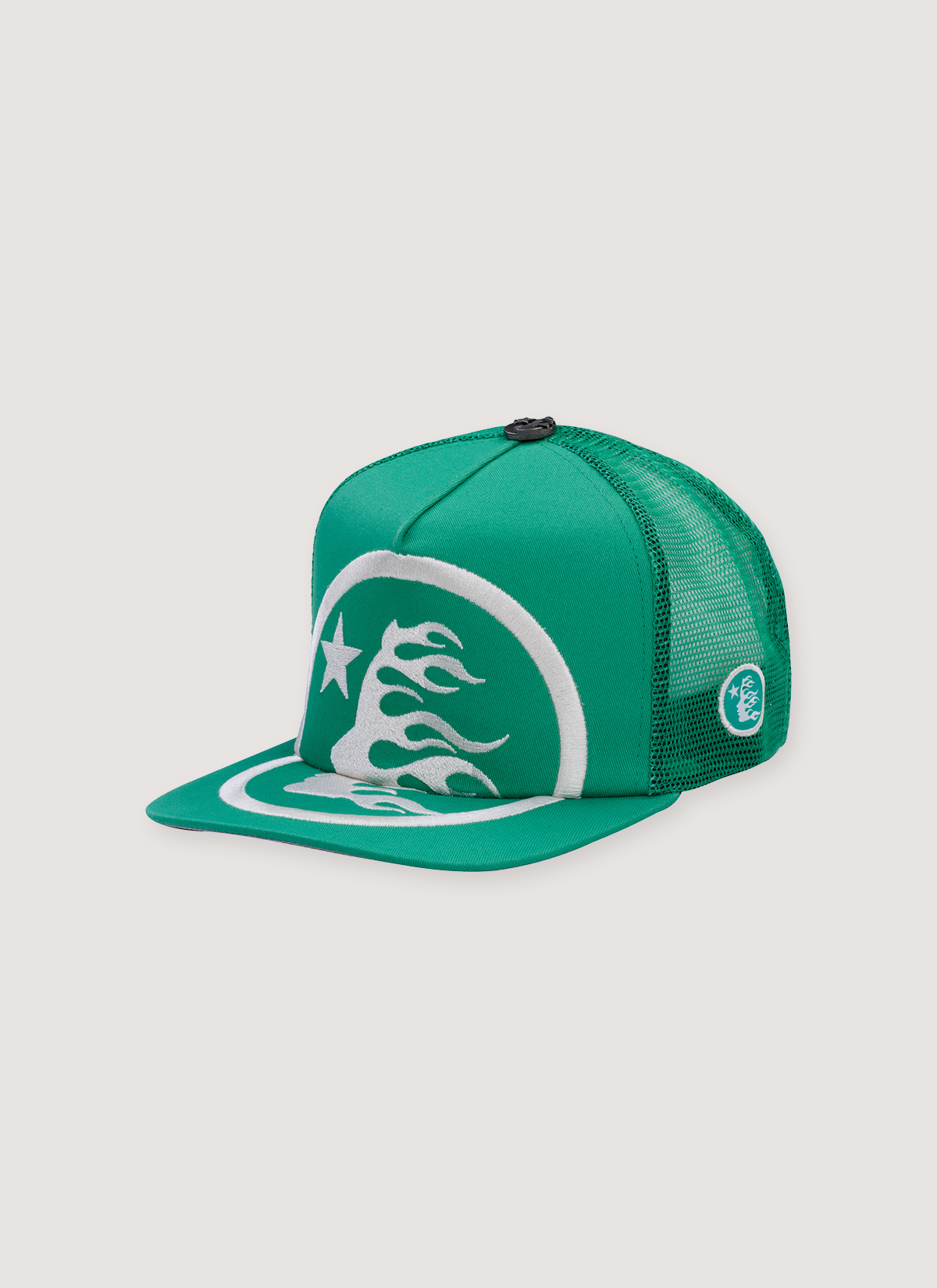 Hellstar Big Logo Mesh Trucker Hat Green with white big hellstar graphic on front, front view Hellstar Big Logo Trucker Hat Green - Image 1 | Authenticated at Pieces Los Angeles