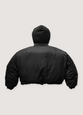 GV Gallery Hooded Bomber Black nylon Jacket zip up Hoodie, distressed and dirtied detail, snap pockets, back view GV Gallery Hooded Bomber Black - Image 2 | Authenticated at Pieces Los Angeles