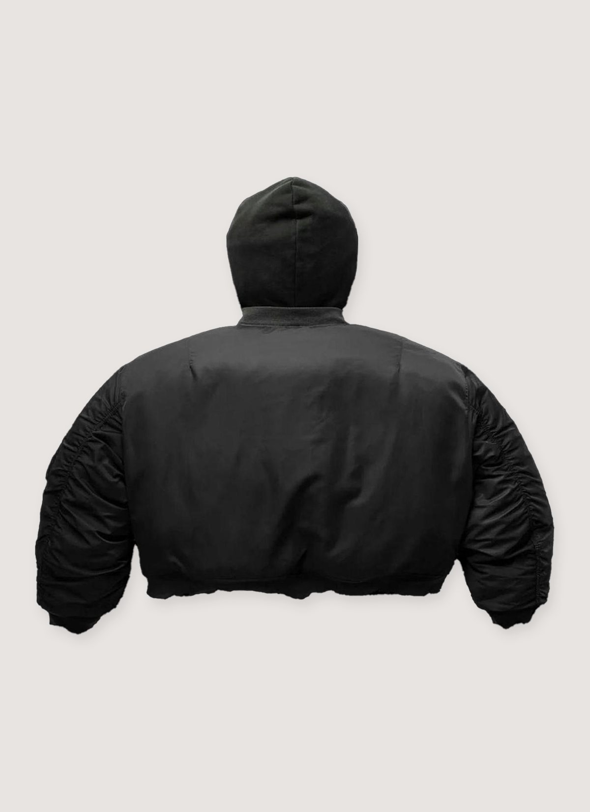 GV Gallery Hooded Bomber Black nylon Jacket zip up Hoodie, distressed and dirtied detail, snap pockets, back view GV Gallery Hooded Bomber Black - Image 2 | Authenticated at Pieces Los Angeles