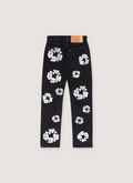 Denim Tears Cotton Wreath Denim Jeans Black with white wreath flower graphics all over, back view Denim Tears Cotton Wreath Jeans Black - Image 2 | Authenticated at Pieces Los Angeles