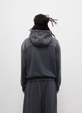 Picture of a man facing away, wearing the Pieces Basic Program Zip Up Sweatshirt Washed Black grey hoodie with zipper Pieces Basic Program Zip Up Sweatshirt Washed Black - Image 4 | Authenticated at Pieces Los Angeles