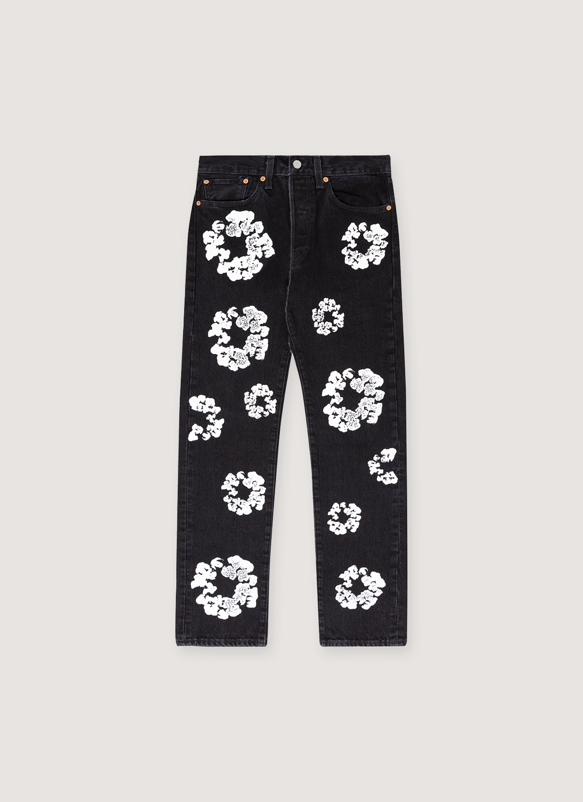 Denim Tears Cotton Wreath Denim Jeans Black with white wreath flower graphics all over, front view