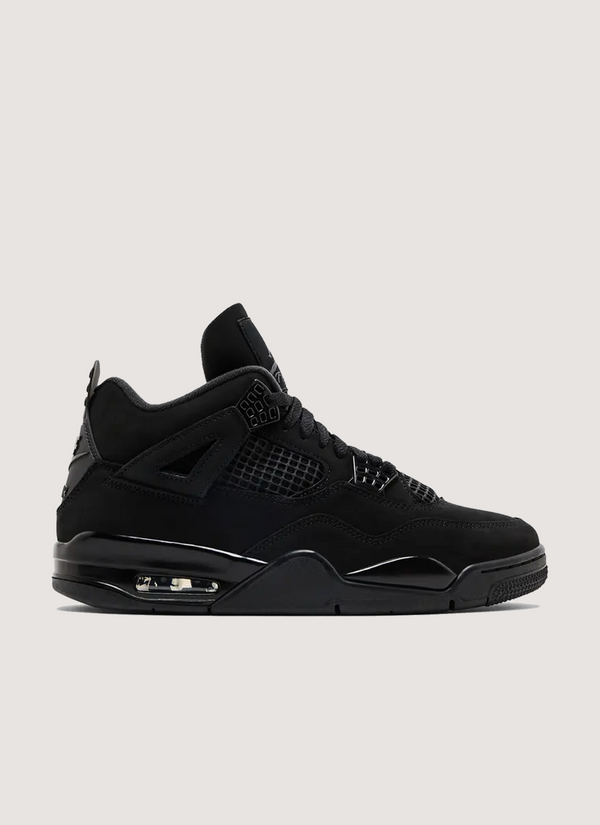 Jordan Retro 4 Black Cat (2025) black shoes, side profile view Retro 4 Black Cat (2025) - Authenticated Sneakers | Pieces Los Angeles