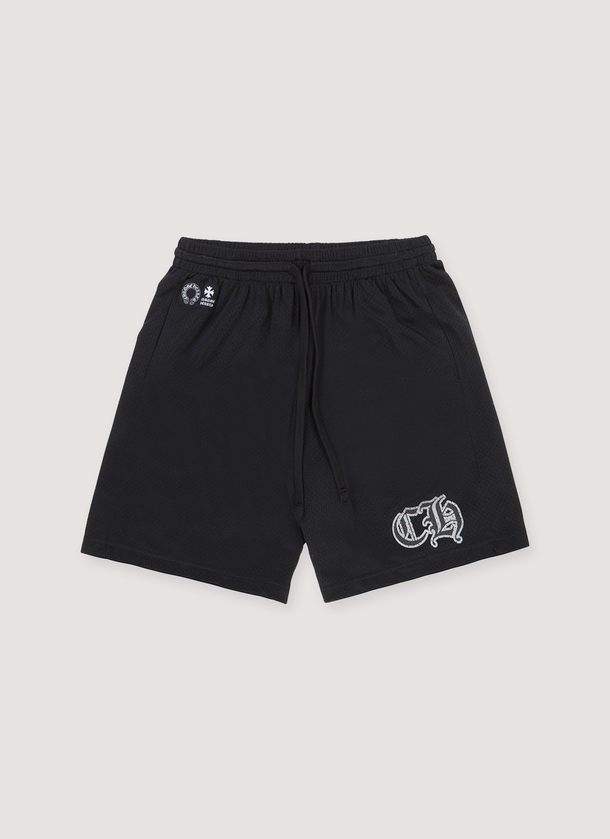 Chrome Hearts Stadium Mesh Shorts Black with adjustable drawstring waistband and small white logo, front view Chrome Hearts Stadium Mesh Shorts Black - Image 1 | Authenticated at Pieces Los Angeles