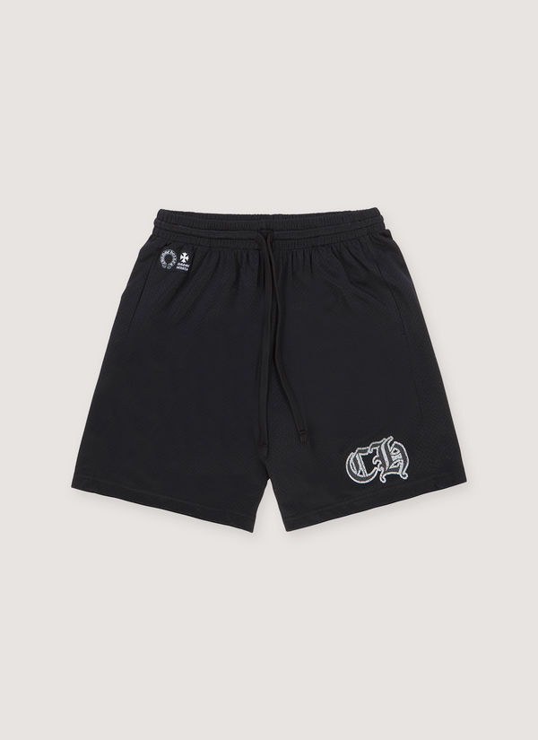 Chrome Hearts Stadium Mesh Shorts Black with adjustable drawstring waistband and small white logo, front view Stadium Mesh Shorts Black - Authenticated Shorts | Pieces Los Angeles