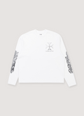 Basketcase Gallery Bogey Longsleeve White with printed logos and ribbed cuff and hem, front view Basketcase Gallery Bogey Longsleeve White - Image 1 | Authenticated at Pieces Los Angeles