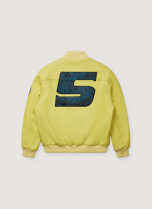 Sp5der Worldwide Leather Logo Bomber Jacket Yellow
