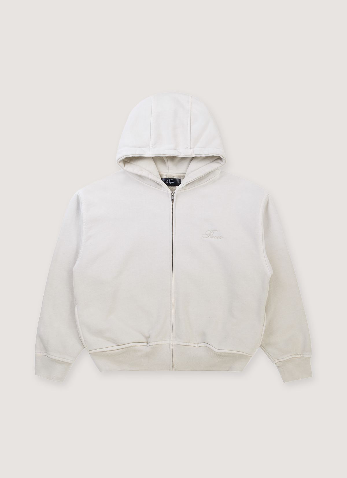 Pieces Basic Program Zip Up Sweatshirt Bone White Off-White front view Pieces Basic Program Zip Up Sweatshirt Bone - Image 1 | Authenticated at Pieces Los Angeles