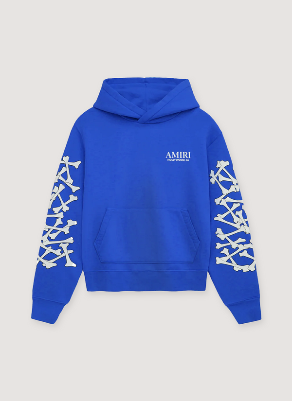 Amiri Stacked Bones Sweatshirt Blue Hoodie with bones all over the sleeves, front view Stacked Bones Sweatshirt Blue - Authenticated Sweatshirts | Pieces Los Angeles