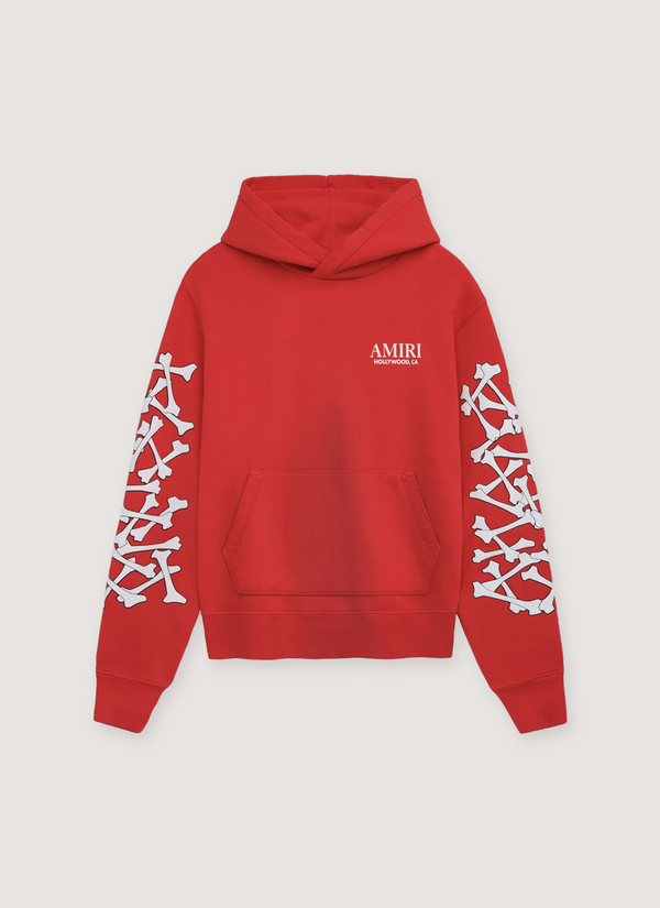 Amiri Stacked Bones Sweatshirt Red Hoodie with white bones all over the sleeves, and a pouch pocket, front view Stacked Bones Sweatshirt Red - Authenticated Sweatshirts | Pieces Los Angeles