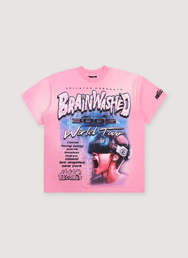 Hellstar Brainwashed World Tour Tee Shirt Vintage Pink with custom milled cotton, vintage wash, potassium sprayed, printed graphic of a kid wearing a VR headset, oversized fit, front view Brainwashed World Tour Tee Vintage Pink - Authenticated T-shirts | Pieces Los Angeles