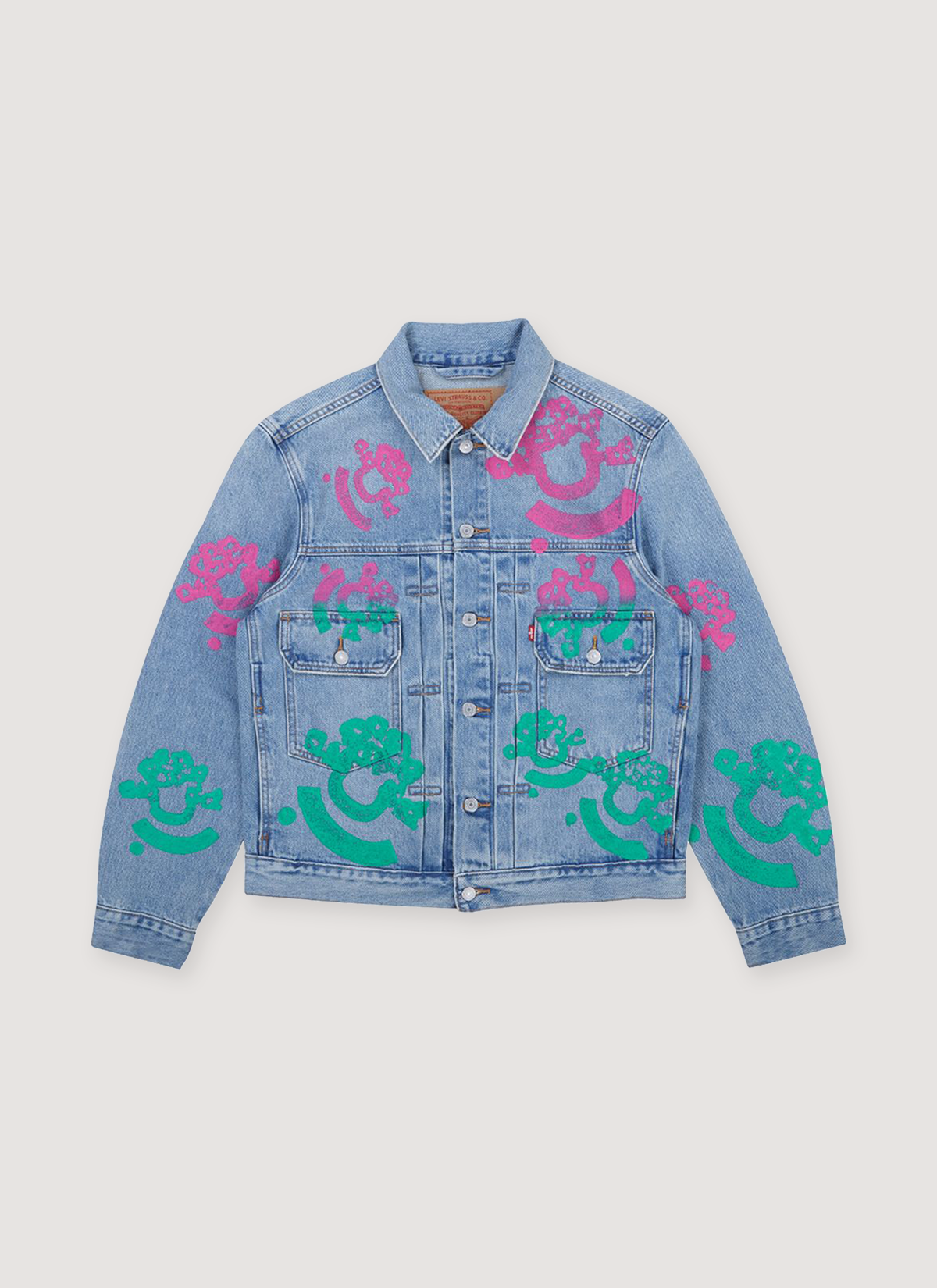 Denim Tears Bstroy Type-2 Denim Jacket Light Wash Pink/Green Denim Tears Bstroy Type-2 Denim Jacket Light Wash Pink/Green - Image 1 | Authenticated at Pieces Los Angeles