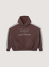 HMDD Butterfly Sweatshirt Brown hoodie with graphic logo, text, and white lines coming down from the neck down the sleeves, front view
