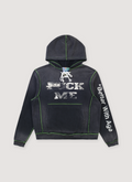 Better With Age Fuck Me Sweatshirt Black hoodie with heavyweight cotton fleece, lace style drawstring tie, contrast stitching, embroidered white logos on chest and sleeve, screen print text, front view Better With Age Fuck Me Sweatshirt Black - Image 1 | Authenticated at Pieces Los Angeles
