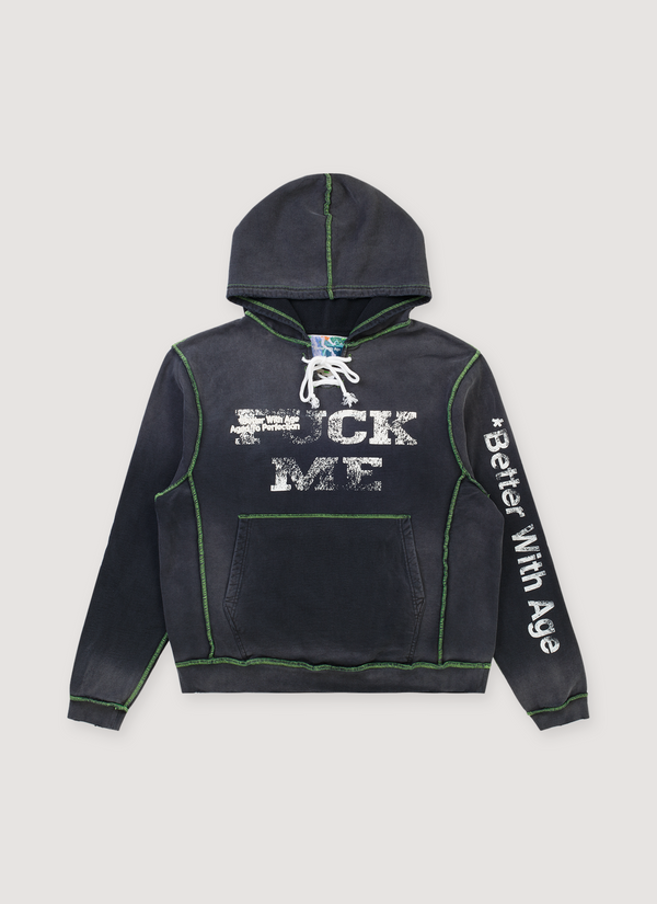 Better With Age Fuck Me Sweatshirt Black hoodie with heavyweight cotton fleece, lace style drawstring tie, contrast stitching, embroidered white logos on chest and sleeve, screen print text, front view Fuck Me Sweatshirt Black - Authenticated Sweatshirts | Pieces Los Angeles