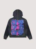 Better With Age Fuck Me Sweatshirt Black hoodie with heavyweight cotton fleece, lace style drawstring tie, contrast stitching, embroidered logos, screen print blue and pink graphics of faces, back view Better With Age Fuck Me Sweatshirt Black - Image 2 | Authenticated at Pieces Los Angeles