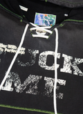 Better With Age Fuck Me Sweatshirt Black hoodie with heavyweight cotton fleece, lace style drawstring tie, contrast stitching, embroidered logos, screen print text, close up view of front text and collar Better With Age Fuck Me Sweatshirt Black - Image 3 | Authenticated at Pieces Los Angeles