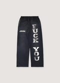 Better With Age Fuck You Sweatpants Black with white embroidered logos and screen print text that says Fuck You, constructed with recycled and re-milled fabric, heavyweight cotton fleece, front view Better With Age Fuck You Sweatpants Black - Image 1 | Authenticated at Pieces Los Angeles