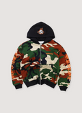 Chrome Hearts Matty Boy Caution Zip Up Sweatshirt Camo (Pre-Owned) with sublimated camo pattern printed logos, and silver zipper, front view Chrome Hearts Matty Boy Caution Zip Up Sweatshirt Camo (Pre-Owned) - Image 1 | Authenticated at Pieces Los Angeles