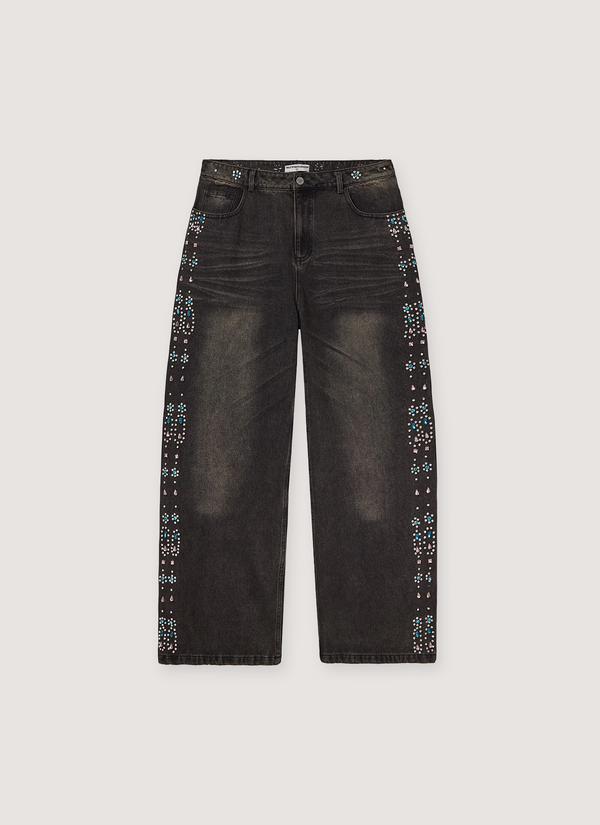 Vale Forever Candy Denim Black Jeans with classic 5 pocket design, crystal rhinestone details, straight cut, front view Candy Denim Black - Authenticated Jeans | Pieces Los Angeles