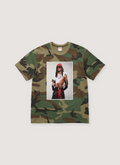 Supreme Playboi Carti Tee Shirt Camo Woodland Camouflage with printed graphic photo of Playboi Carti, front view Supreme Playboi Carti Tee - Image 5 | Authenticated at Pieces Los Angeles