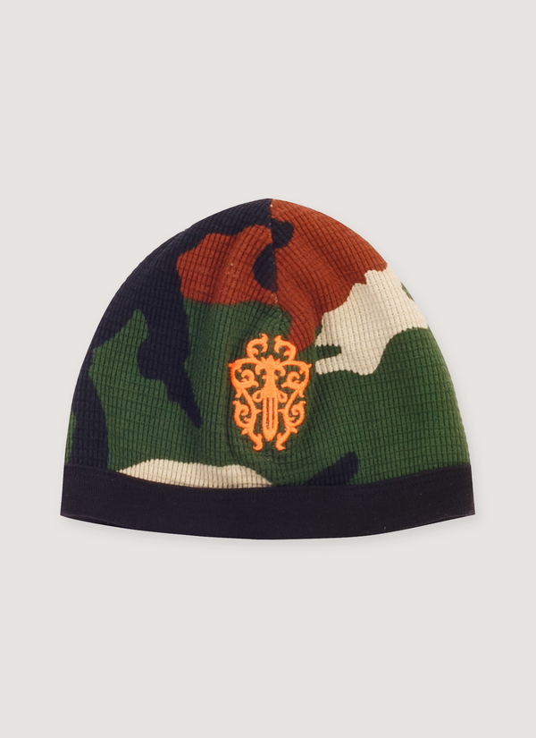 Chrome Hearts Matty Boy Dagger Biker Beanie Camo Orange Logo (Pre-Owned), green, brown, tan, black, front view Matty Boy Dagger Biker Beanie Camo Orange (Pre-Owned) - Authenticated Beanies | Pieces Los Angeles