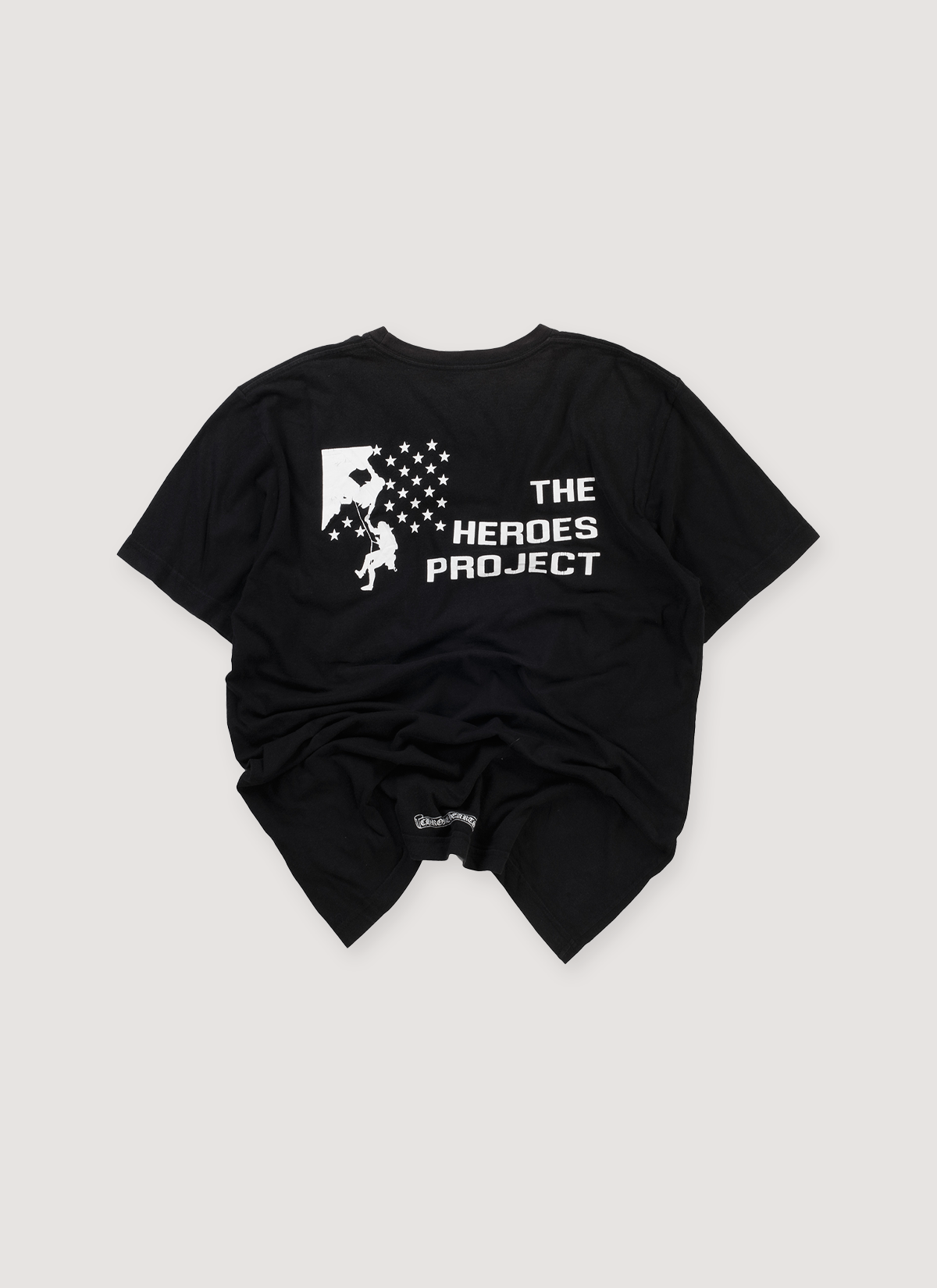 Chrome Hearts The Heroes Project Tee Shirt Black (Pre-Owned), front chest pocket with white screen printed logo that says The Heroes Project and a graphic or a rock climber, back view