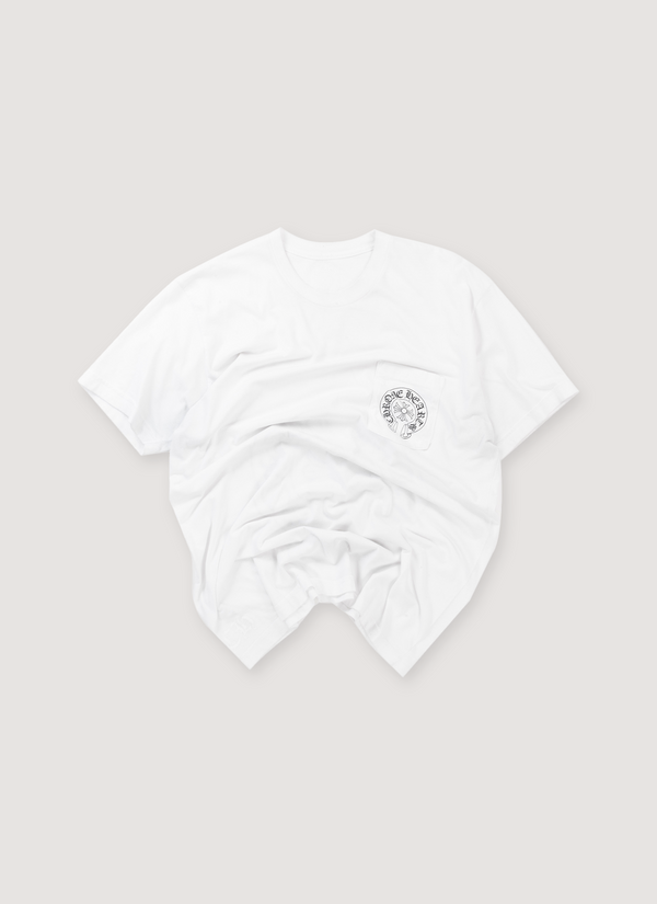 Chrome Hearts Malibu Horseshoe Tee Shirt White (Pre-Owned) with screen printed small black horseshoe graphic on the front pocket, front view Malibu Horseshoe Tee White (Pre-Owned) - Authenticated T-shirts | Pieces Los Angeles