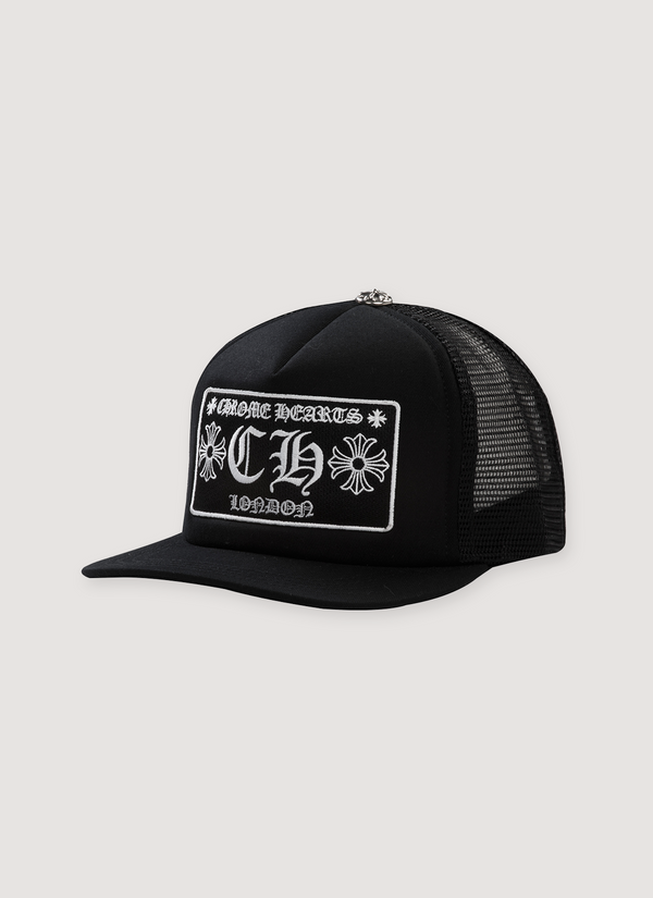 Chrome Hearts London Trucker Hat Black with CH embroidered patch, .925 silver button on top, mesh hat, front view London Trucker Hat Black - Authenticated Hats | Pieces Los Angeles