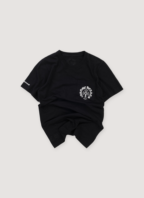 Chrome Hearts Multi Logo Tee Shirt Black (Pre-Owned) with front chest pocket with screen printed white logo on it, and logo on the right sleeve, front view Multi Logo Tee Black (Pre-Owned) - Authenticated T-shirts | Pieces Los Angeles