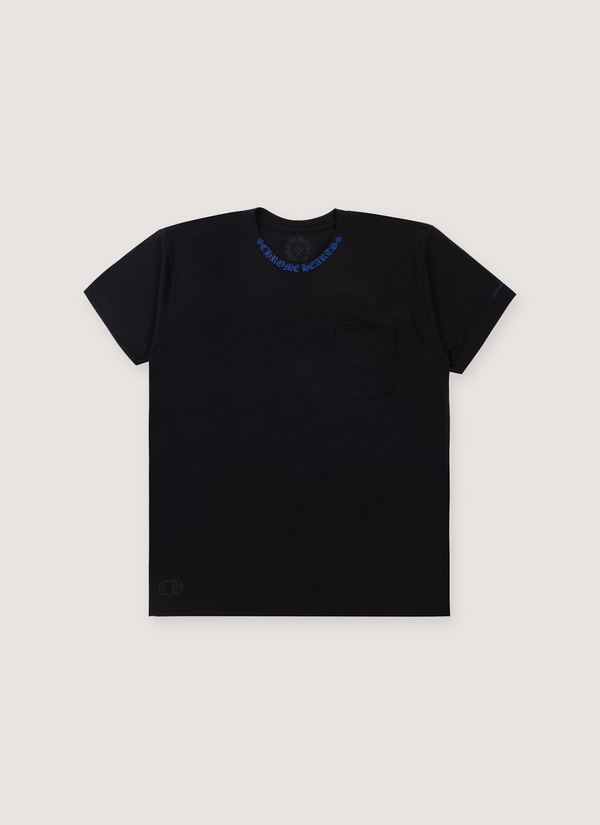 Chrome Hearts Neck Logo Tee Shirt Black Blue screen printed blue graphic on collar, front pocket, front view Neck Logo Tee Black Blue - Authenticated T-shirts | Pieces Los Angeles