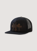 Chrome Hearts Camo Patch Cemetery Mesh Trucker Hat Black with brown cowleather patch crosses, .925 silver button on top, front view  Chrome Hearts Camo Patch Cemetery Trucker Hat Black - Image 1 | Authenticated at Pieces Los Angeles