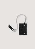 Supreme Leather Chain Trifold Wallet Black with calfskin leather, debossed logo, six card slots, zip pocket, bill pocket, detachable wallet chain with leather tab, front view Supreme Leather Chain Wallet - Image 4 | Authenticated at Pieces Los Angeles