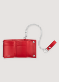 Supreme Leather Chain Trifold Wallet Red with calfskin leather, debossed logo, six card slots, zip pocket, bill pocket, detachable wallet chain with leather tab, photo of the wallet opened up Supreme Leather Chain Wallet - Image 3 | Authenticated at Pieces Los Angeles