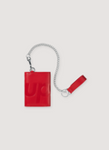 Supreme Leather Chain Trifold Wallet Red with calfskin leather, debossed logo, six card slots, zip pocket, bill pocket, detachable wallet chain with leather tab, back view Supreme Leather Chain Wallet - Image 2 | Authenticated at Pieces Los Angeles