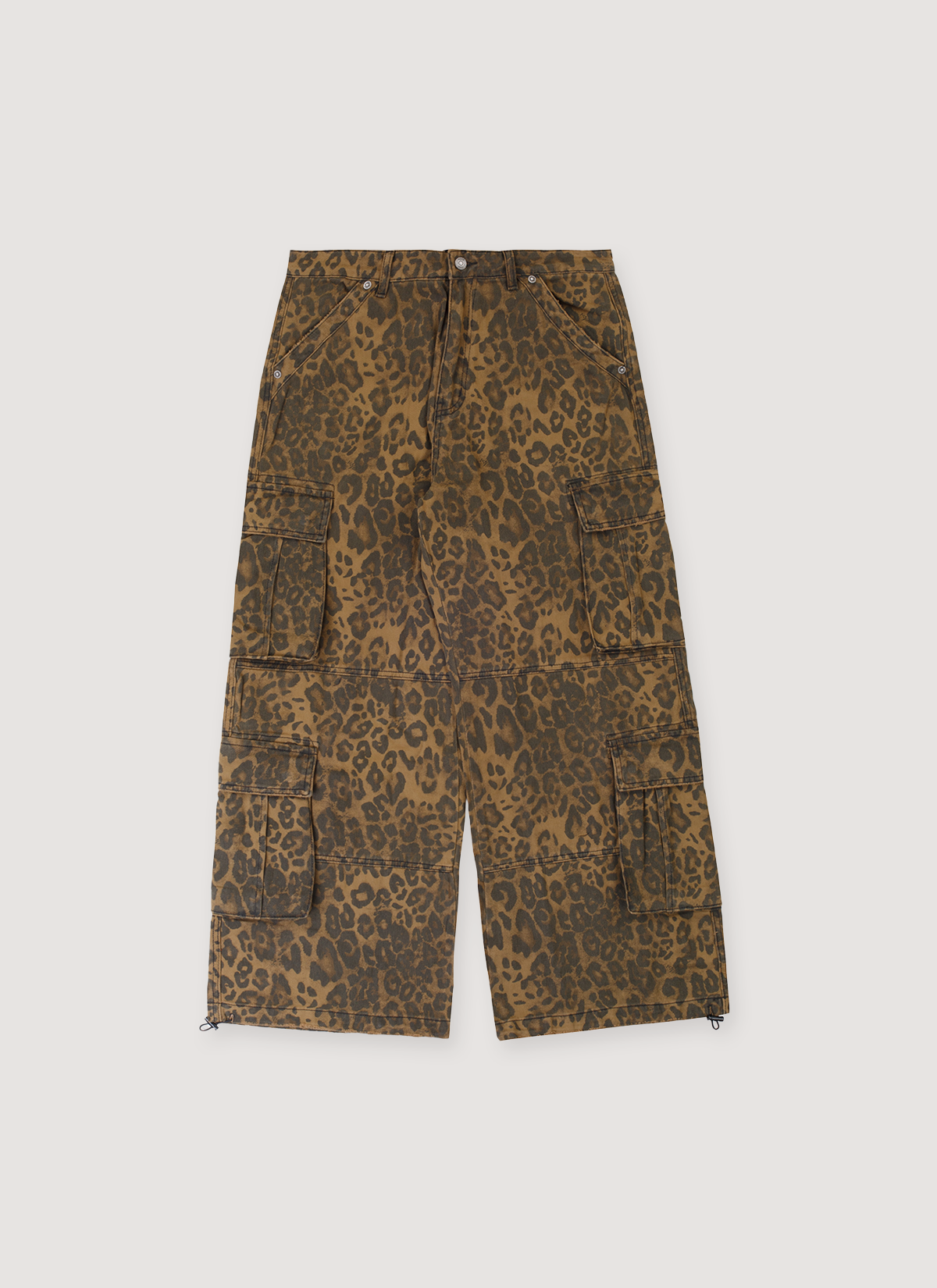 Vague Studios Precious Cargo Pants Cheetah with vintage stone wash, light distressing, 8 pocket, bungee clasp for adjustable leg opening, wide leg fit, front view