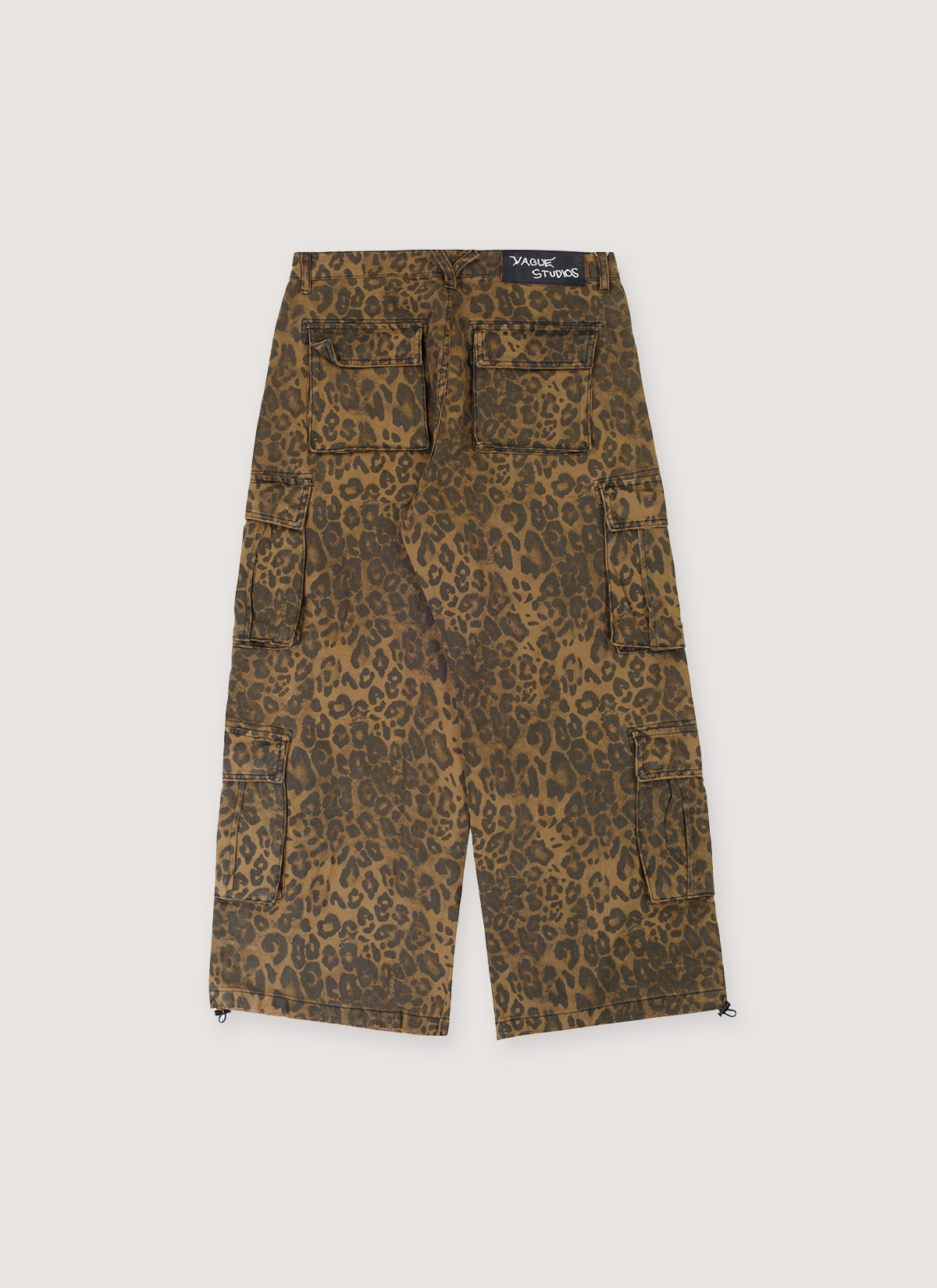 Vague Studios Precious Cargo Pants Cheetah with vintage stone wash, light distressing, 8 pocket, bungee clasp for adjustable leg opening, wide leg fit, back view