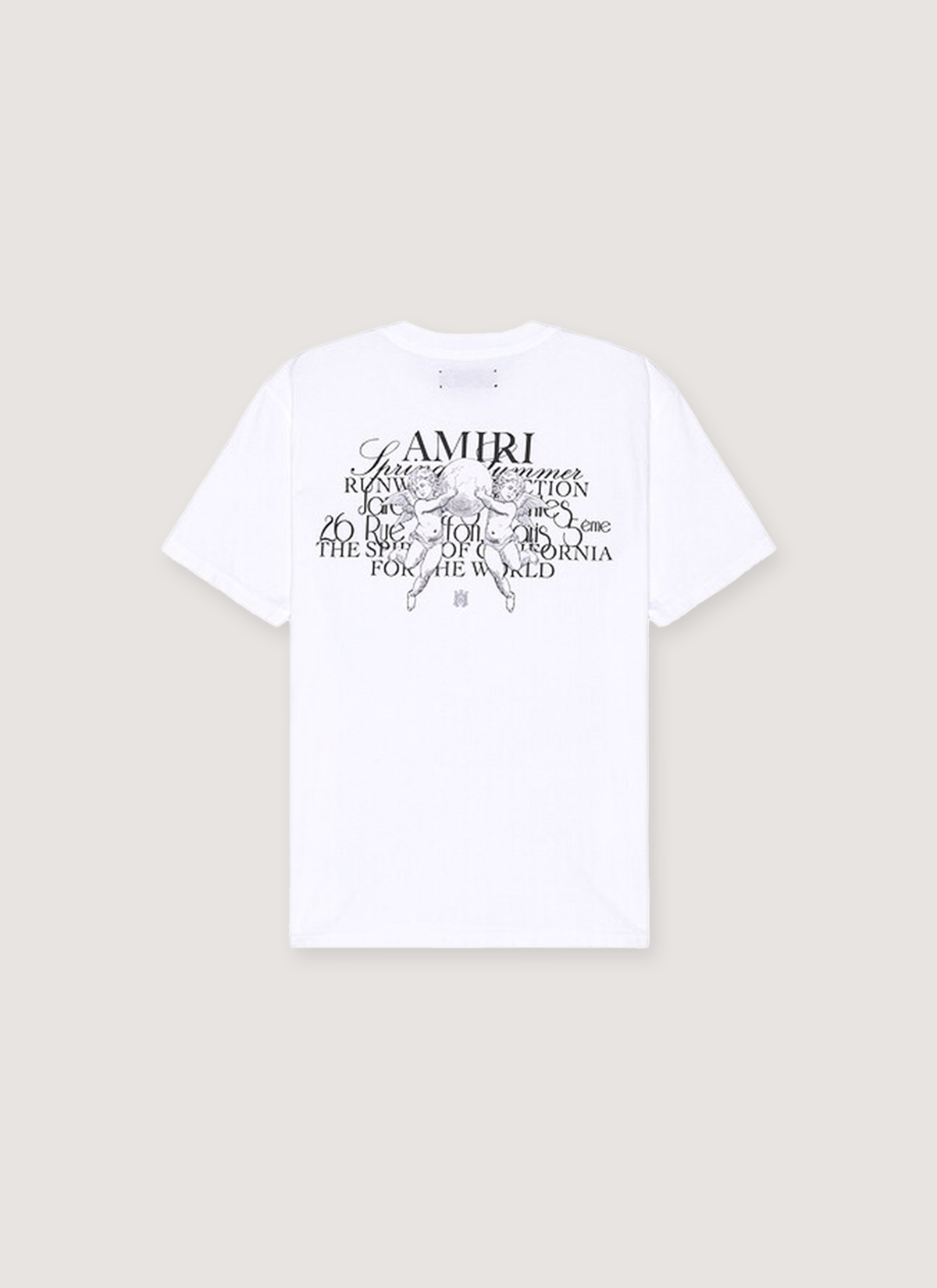 Amiri Cherub Text Tee Shirt White, with big printed black logo text, back view Amiri Cherub Text Tee - Image 2 | Authenticated at Pieces Los Angeles