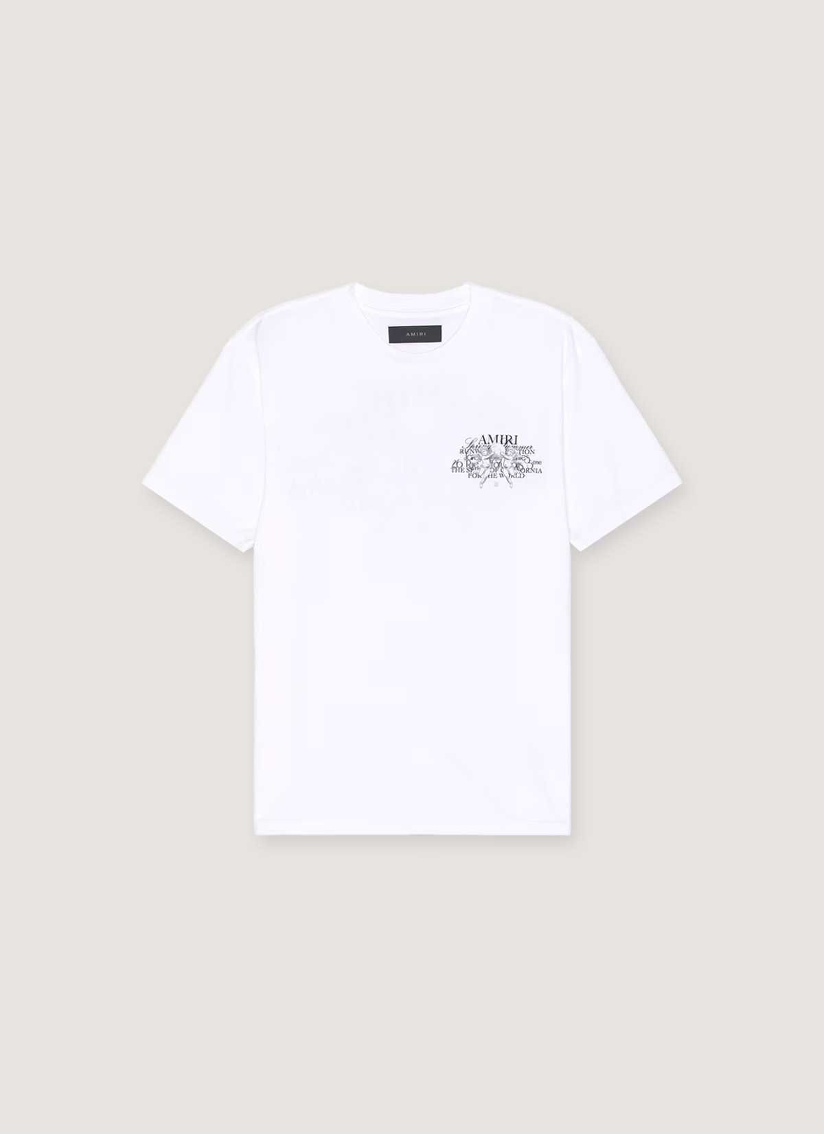 Amiri Cherub Text Tee Shirt White, with small printed black logo tex, front view Amiri Cherub Text Tee - Image 1 | Authenticated at Pieces Los Angeles