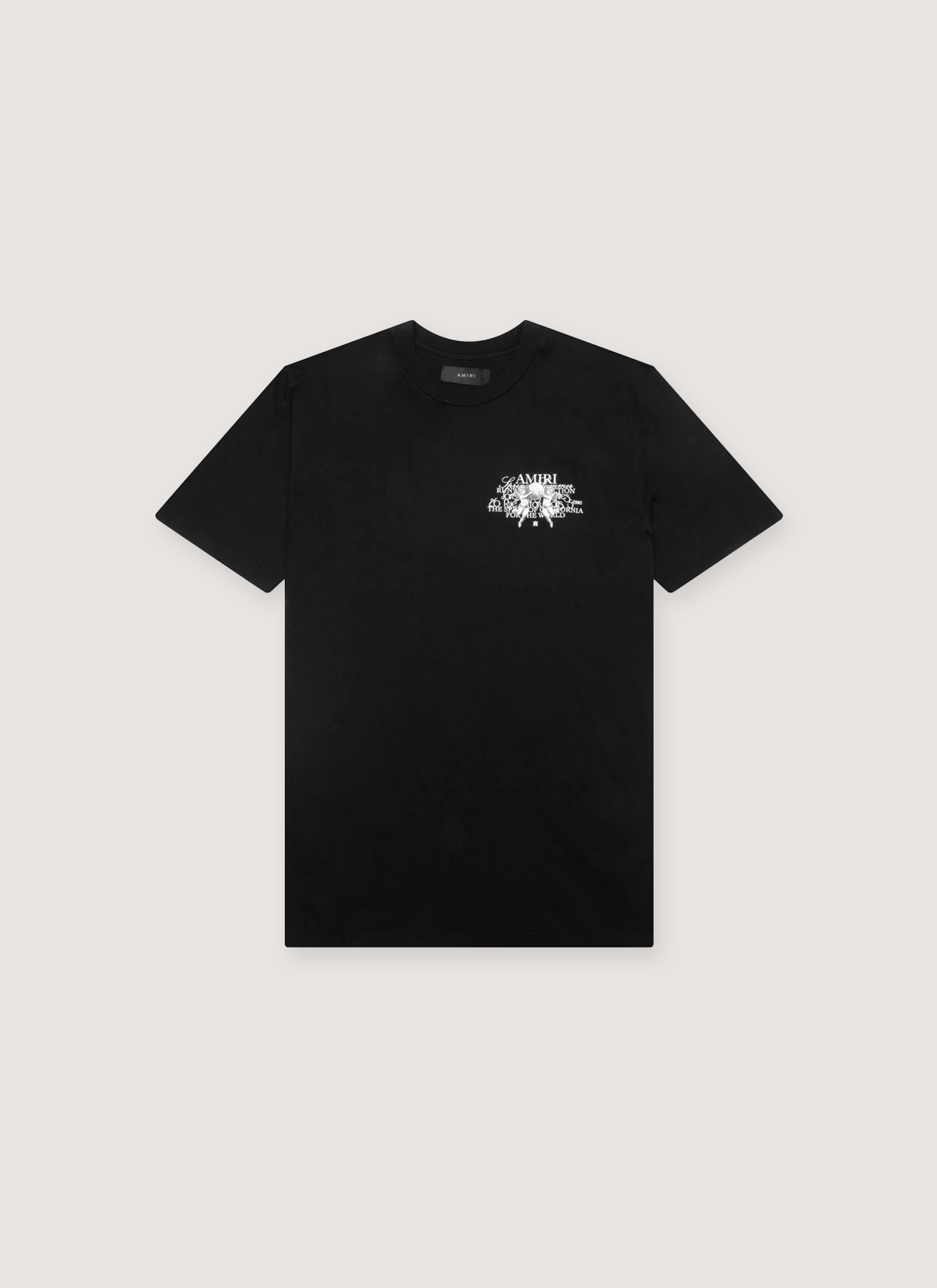 Amiri Cherub Text Tee Shirt Black, with small printed white logo text, front view Amiri Cherub Text Tee - Image 3 | Authenticated at Pieces Los Angeles