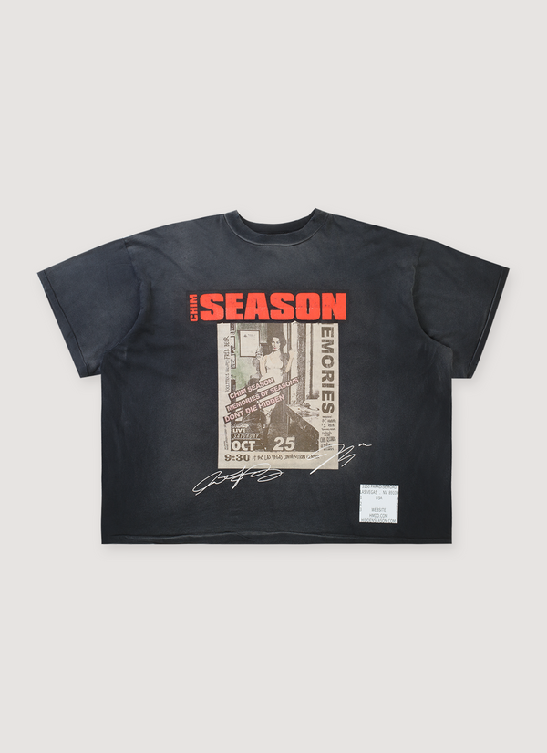 HMDD LA Happy Memories Don't Die Complexcon Exclusive Chim Season Tee Shirt Vintage Black with vintage wash and fade, distressed details, printed logo and red text that says SEASON in orange/red, front view Complexcon Exclusive Hidden Season Tee Vintage Black - Authenticated T-shirts | Pieces Los Angeles