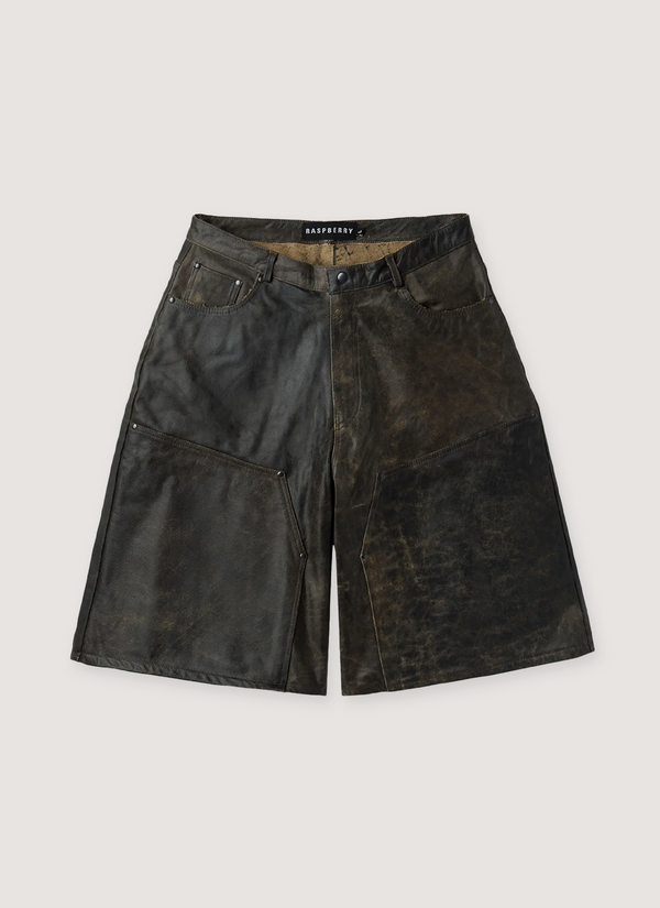 GV Gallery Rusted Chocolate Leather Shorts distressed Brown with double knee carpenter panel, 5 pocket design, leather construction, front view Rusted Chocolate Leather Shorts Brown - Authenticated Shorts | Pieces Los Angeles