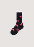Chrome Hearts Matty Boy Black Chomper Socks with woven chomper lips mouth logos, woven Chrome Hearts text, shiny thread tooth detail Chrome Hearts Matty Boy Chomper Sock - Image 1 | Authenticated at Pieces Los Angeles
