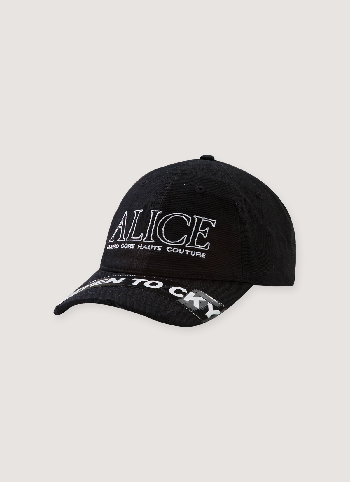 Alice Hollywood Listen to CKY Cap Black Hat with white embroidered logos, lighter cap details, and printed sticked patch on the brim, front view Alice Hollywood Listen to CKY Cap Black - Image 1 | Authenticated at Pieces Los Angeles