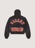 Vale Forever Clustered Zip Up Sweatshirt Hoodie dirty Vintage Black with rhinestones crystal embellishments all over, big embroidered red logo text that says Valley Dreams, back view Vale Forever Clustered Zip Up Sweatshirt - Image 2 | Authenticated at Pieces Los Angeles